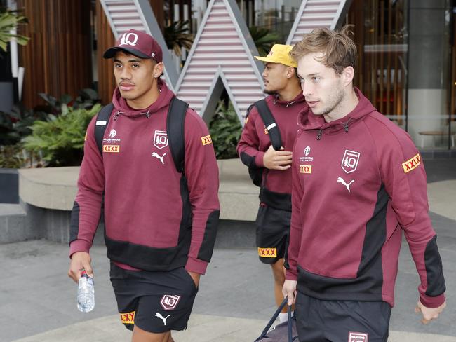 Sam Walker (R) had a taste of Origin when named in the extended squad for the Maroons in 2022. Picture: Josh Woning