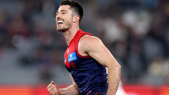 Alex Neal-Bullen celebrates kicking a goal for Melbourne against Port Adelaide in Round 22. Picture: Josh Chadwick/Getty Images