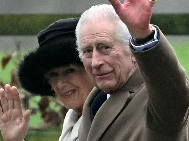 (FILES) Britain's King Charles III and Britain's Queen Camilla waves as they leave after attending a service at St Mary Magdalene Church on the Sandringham Estate in eastern England on February 11, 2024. King Charles III's health struggles following his recent cancer diagnosis will not stop anti-royalists making the case for an end to Britain's monarchy, says pressure group Republic. (Photo by JUSTIN TALLIS / AFP)