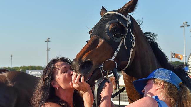 Trainer Kerry Petrick with Anphina after winning the 2023 Darwin Derby. Picture: Caroline Camilleri