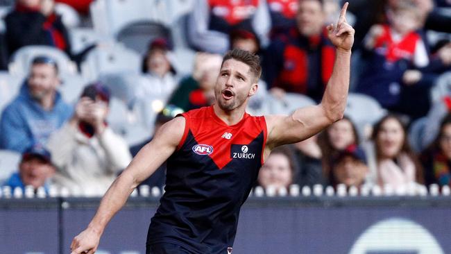 Jesse Hogan celebrates a goal.