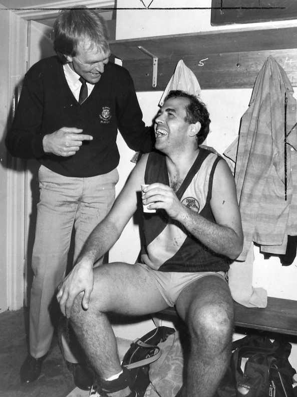 Footballer Peter Carey (r) with coach Graham Cornes at Alberton 17 Aug 1985.