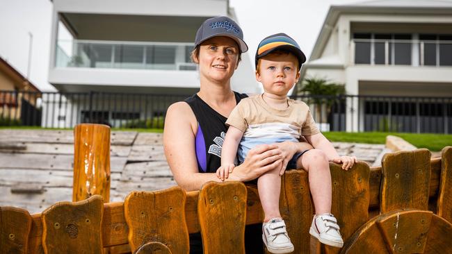 Claire McGarvey with son Archie, 2, from Morphettville, at Angus Neill Reserve in Seacliff. Picture: Tom Huntley