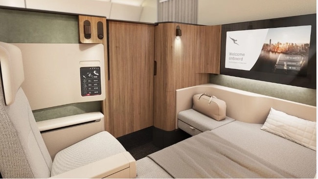 How first class will look on Qantas’ new A350-1000s due to start arriving in late 2026.