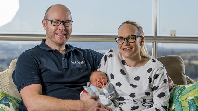 Brett Andrew, Amy Mitchell and their newborn, Edwin James Mitchell-Andrew left John Flynn Hospital today after 10 weeks. Picture: Jerad Williams