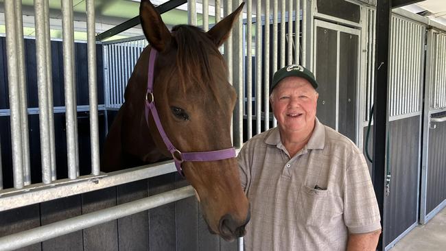 Recovering superstar Alligator Blood with his part-owner Jeff Simpson on his property north of Brisbane. Picture: Ben Dorries