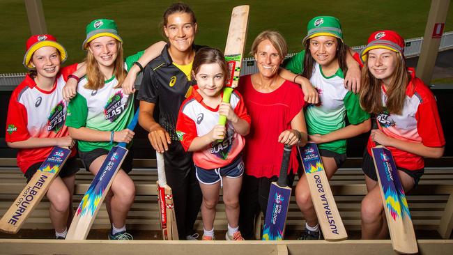 Alyssa, Cora, Annabel Sutherland, Lola, Belinda Clark, Keira, Ava are excited about cricket. Picture: Mark Stewart