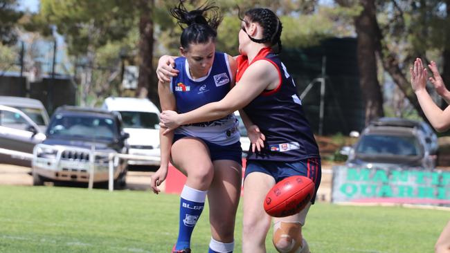 Angaston's Cooper Hyde is wrapped up in the BLGW under 17s grand final. Picture: Jack Hudson.