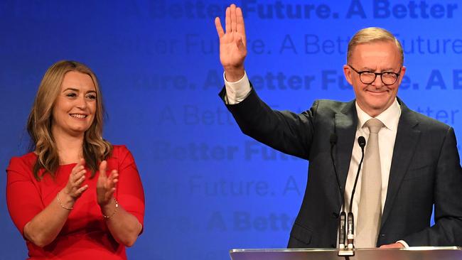 Labor leader Anthony Albanese delivers his victory speech alongside his partner Jodie Haydon during the Labor Party election night event at Canterbury-Hurlstone Park RSL Club on May 21. Picture: James D. Morgan/Getty Images