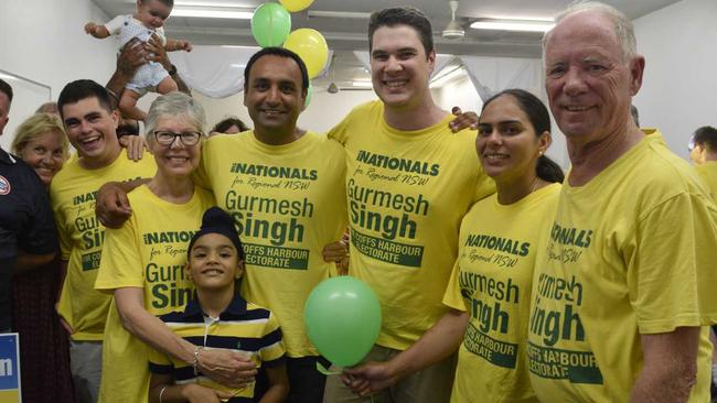 Nationals candidate Gurmesh Singh with retiring Member for Coffs Harbour Andrew Fraser on election night. Picture: Matt Deans