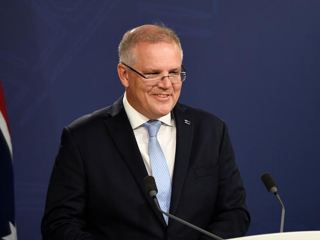 Prime Minister Scott Morrison speaks to the media today. Picture: Bianca De Marchi of AAP