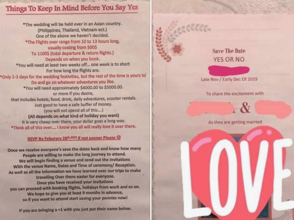 This bride’s wedding invitation has been ridiculed after it was leaked online. Picture: Supplied