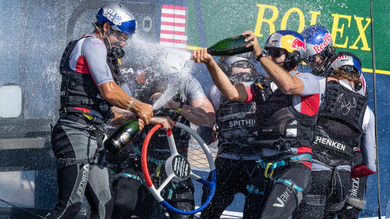 USA SailGP Team helmed by Jimmy Spithill celebrate their maiden SailGP victory in Saint Tropez, France. Photo: Ricardo Pinto for SailGP.