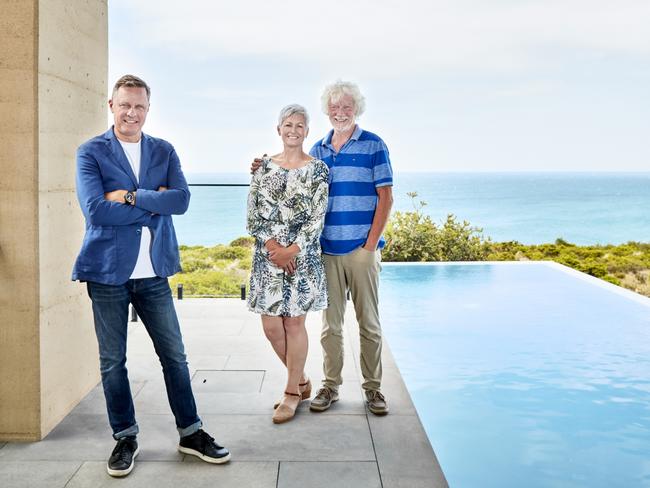 Grand Designs Australia host Peter Maddison at Chain of Lagoons house in Tasmania, with owners Lynne Wilton and Paul Bunn, which features on season 10 of the show which is screening on Foxtel in May/June 2022. For TasWeekend cover story. Picture: Rhiannon Slatter