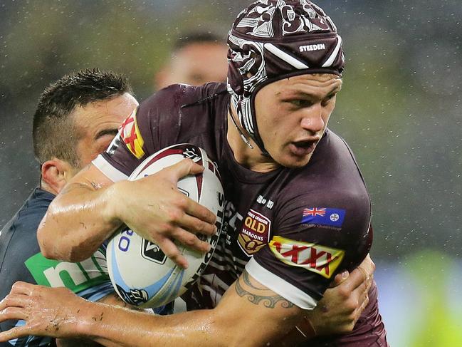 PERTH, AUSTRALIA - JUNE 23:  Kalyn Ponga of the Maroons is tackled by Paul Vaughan of the Blues during game two of the 2019 State of Origin series between the New South Wales Blues and the Queensland Maroons at Optus Stadium on June 23, 2019 in Perth, Australia. (Photo by Will Russell/Getty Images)