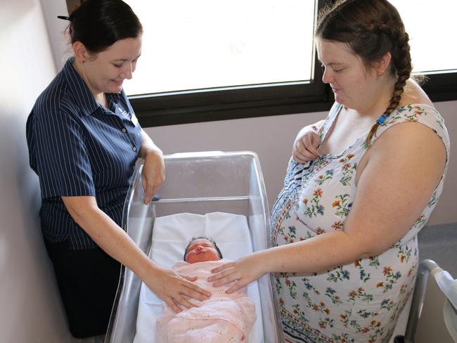 Royal Darwin Hospital midwives help teach parents safe sleeping of babies. Picture: Supplied