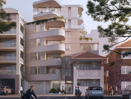 An artist's impression for a 7-storey block of shop-top units, incorporating a heritage-list ed 2-storey block of flats, which has been given planning approval for 9-11 Victoria Pde, Manly. Picture: Platform Architects