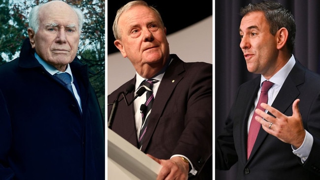 Former prime minister John Howard, former treasurer Peter Costello, and Treasurer Jim Chalmers.