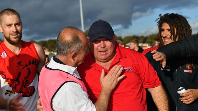 Darren Vanzetta (in blue cap) after guiding Flagstaff Hill to a grand final win over Noarlunga in September. Picture: AAP/Keryn Stevens