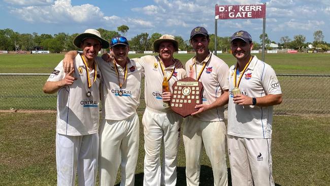 Geelong cricketers (from left) Jordan Rossi, Jake Mundy, Dylan McMahon, Dylan Slater and Blake Troy won a B Grade premiership with Darwin. Picture: Darwin Cricket Club.