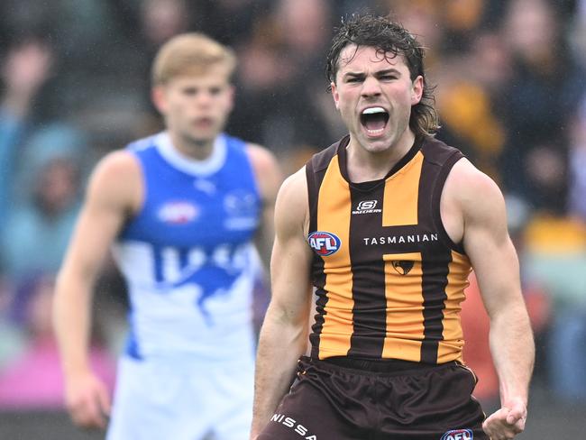 LAUNCESTON, AUSTRALIA - AUGUST 24: Nick Watson of the Hawks celebrates a goal during the round 24 AFL match between Hawthorn Hawks and North Melbourne Kangaroos at University of Tasmania Stadium, on August 24, 2024, in Launceston, Australia. (Photo by Steve Bell/AFL Photos/via Getty Images)