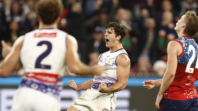 MELBOURNE, AUSTRALIA - MAY 28: Lachie Schultz of the Dockers celebrates a goal  during the round 11 AFL match between the the Melbourne Demons and the Fremantle Dockers at Melbourne Cricket Ground on May 28, 2022 in Melbourne, Australia. (Photo by Darrian Traynor/Getty Images)