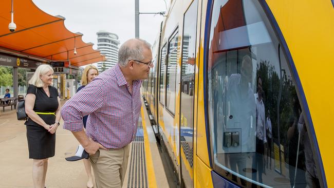 Prime Minister Scott Morrison visiting the Broadbeach South light rail station. Picture: Jerad Williams.