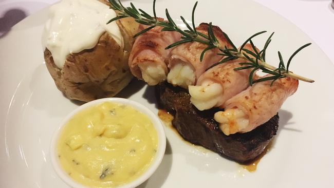 Graze - Cork & Cleaver is celebrating 40 years - Surf & Turf (Fillet steak, Morton Bay bugs & prawns wrapped in bacon with béarnaise sauce)