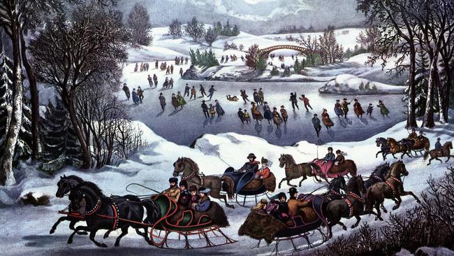 A Christmas card from the 1860s of Central Park, New York, in winter published by Currier and Ives.