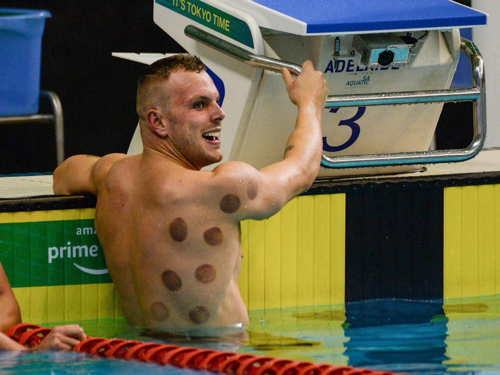 Kyle Chalmers reacts after winning the men's 200m freestyle final during day two of the Australian Olympic swimming trials in Adelaide on June 13, 2021. (Photo by Brenton Edwards / AFP) / -- IMAGE RESTRICTED TO EDITORIAL USE - STRICTLY NO COMMERCIAL USE --