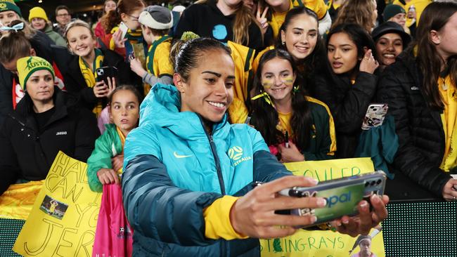 SYDNEY, AUSTRALIA - JUNE 03:  Mary Fowler of Australia interacts with fans after the international friendly match between Australia Matildas and China PR at Accor Stadium on June 03, 2024 in Sydney, Australia. (Photo by Matt King/Getty Images)