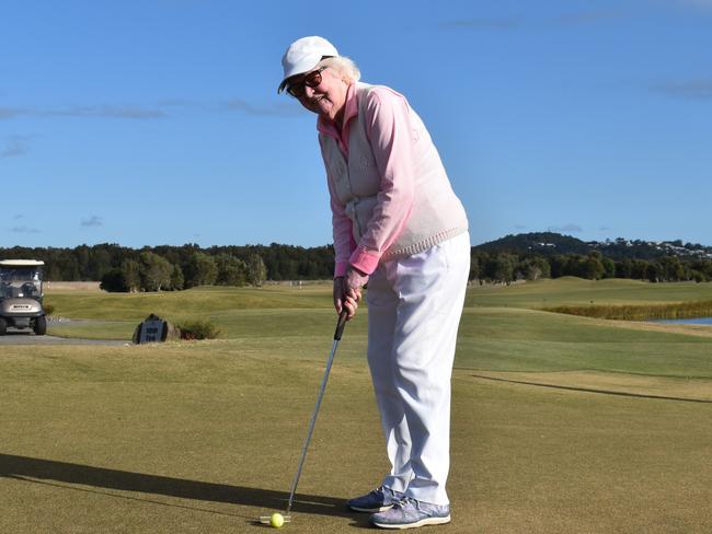 At 100 years old, Mary Haddon still enjoys getting out to the Maroochy River golf course twice a week. Picture: Eddie Franklin