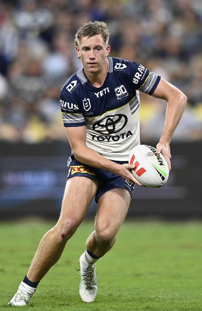 Jaxon Purdue of the Cowboys rtbduring the round eleven NRL match between Cowboys and Sea Eagles at Queensland Country Bank Stadium, on May 17, 2025, in Townsville, Australia. (Photo by Ian Hitchcock/Getty Images)