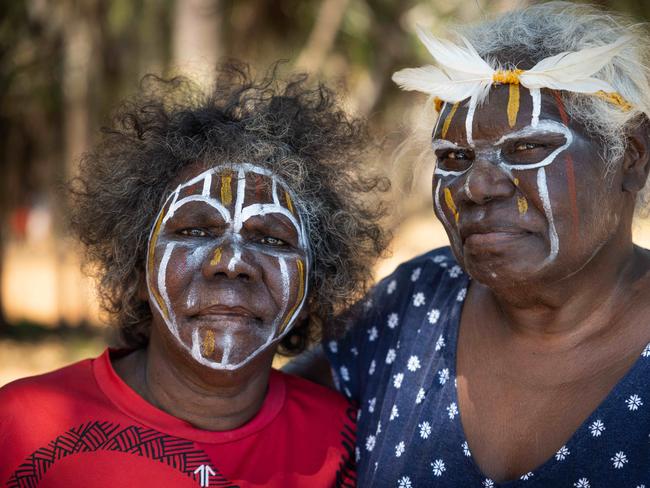 Carol Marie Puruntatmeri and Paulina Jedda Puruntatmeri stands next to their sea country where Santos is drilling. Picture: Rebecca Parker