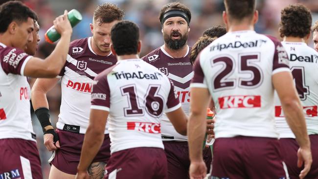 GOSFORD, AUSTRALIA - FEBRUARY 11:  Aaron Woods of the Sea Eagles talks to team mates during the NRL pre-season trial match between Manly Sea Eagles and South Sydney Rabbitohs at Industree Group Stadium on February 11, 2024 in Gosford, Australia. (Photo by Matt King/Getty Images)