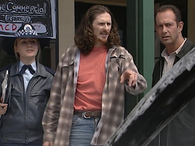 Karm Gilespie playing Keenan Psyches (centre), a pyromaniac on Blue Heelers in 1996. Picture: Chanel 7