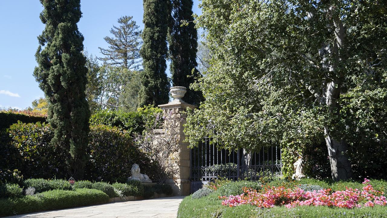 The gate of the Estate where Prince Harry and his wife US actress Meghan Markle have their house, in Montecito, California, where they are currently said to be isolating. Picture: VALERIE MACON / AFP