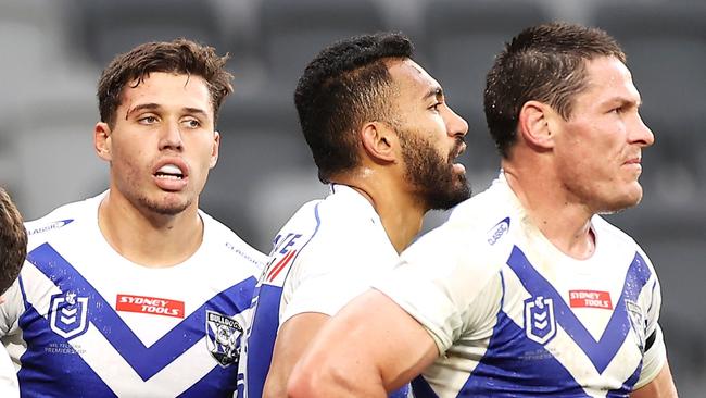 SYDNEY, AUSTRALIA - JULY 03: Jake Averillo of the Bulldogs looks dejected after a try during the round 16 NRL match between the Canterbury Bulldogs and the Manly Sea Eagles at Stadium Australia, on July 03, 2021, in Sydney, Australia. (Photo by Mark Kolbe/Getty Images)