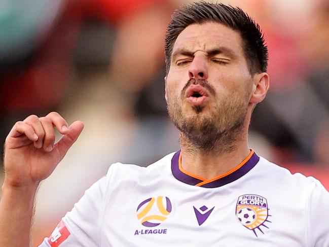 ADELAIDE, AUSTRALIA - FEBRUARY 05: Bruno Fornaroli of Perth Glory reacts during the A-League match between Adelaide United and Perth Glory at Coopers Stadium, on February 05, 2021, in Adelaide, Australia. (Photo by Daniel Kalisz/Getty Images)