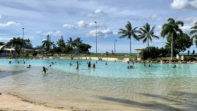 The Airlie Beach Lagoon is packed with families on New Year's Eve. Picture: Rae Wilson