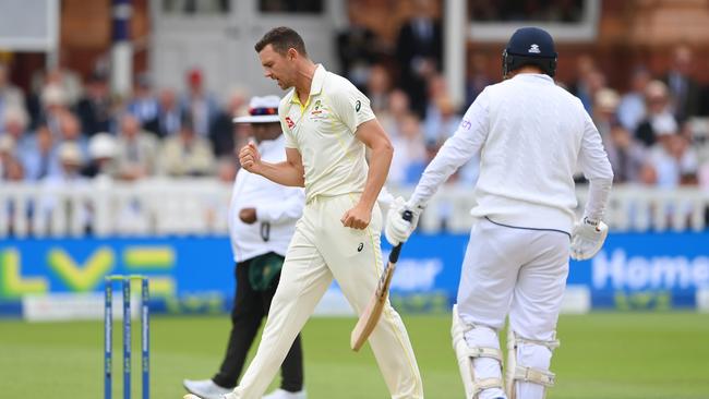 Josh Hazlewood celebrates after snaring the key wicket of Jonny Bairstow. Picture: Getty