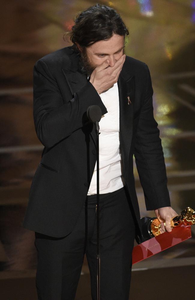 Casey Affleck reacts as he walks on stage to accept the award for best actor in a leading role for "Manchester by the Sea" at the Oscars. Picture: AP