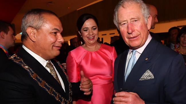 Prince Charles with Gold Coast Mayor Tom Tate and Queensland Premier Annastacia Palaszczuk attend a welcome to Games Reception ahead of the XXI Commonwealth Games at Carrara Stadium. (AAP Image/Darren England).