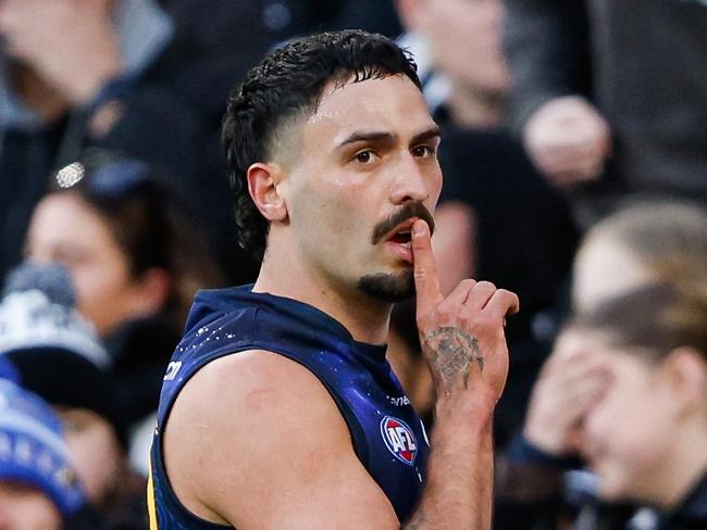 MELBOURNE, AUSTRALIA - MAY 18: Izak Rankine of the Crows celebrates a goal during the 2024 AFL Round 10 match between The Collingwood Magpies and Kuwarna (Adelaide Crows) at The Melbourne Cricket Ground on May 18, 2024 in Melbourne, Australia. (Photo by Dylan Burns/AFL Photos via Getty Images)