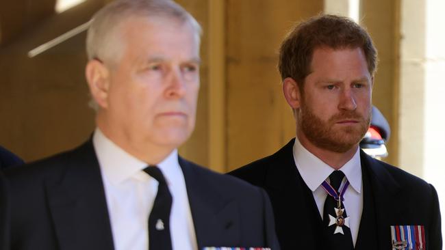 WINDSOR, ENGLAND - APRIL 17: Peter Phillips, Vice-Admiral Sir Timothy Laurence, Prince Andrew, Duke of York, Prince Harry, Duke of Sussex and Prince Edward, Earl of Wessex during the funeral of Prince Philip, Duke of Edinburgh at Windsor Castle on April 17, 2021 in Windsor, England. Prince Philip of Greece and Denmark was born 10 June 1921, in Greece. He served in the British Royal Navy and fought in WWII. He married the then Princess Elizabeth on 20 November 1947 and was created Duke of Edinburgh, Earl of Merioneth, and Baron Greenwich by King VI. He served as Prince Consort to Queen Elizabeth II until his death on April 9 2021, months short of his 100th birthday. His funeral takes place today at Windsor Castle with only 30 guests invited due to Coronavirus pandemic restrictions. (Photo by Chris Jackson/WPA Pool/Getty Images)