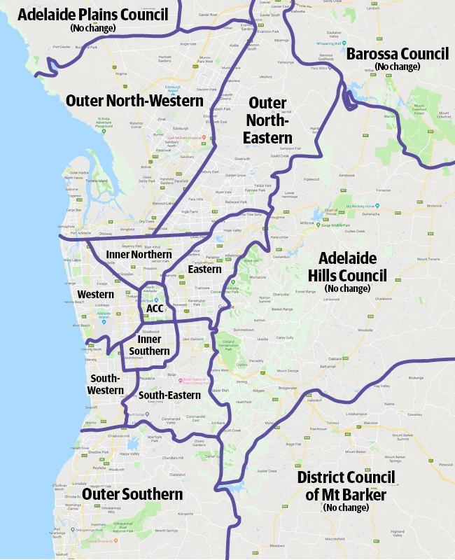 The proposed new council boundaries for metropolitan Adelaide, as suggested by Business SA. 