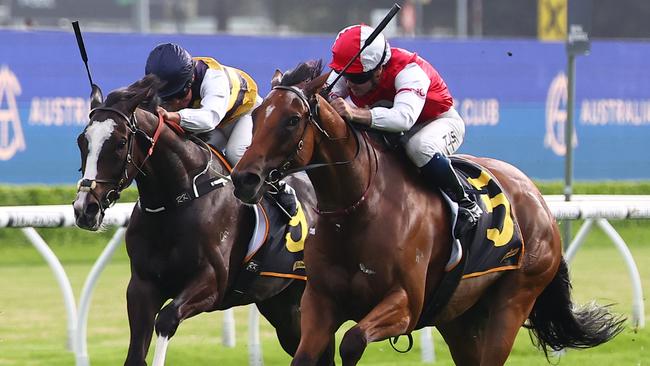 SYDNEY, AUSTRALIA - DECEMBER 26: Tyler Schiller riding Lion's Roar wins Race 7 Schweppes Summer Cup during Sydney Racing at Royal Randwick Racecourse on December 26, 2023 in Sydney, Australia. (Photo by Jeremy Ng/Getty Images)