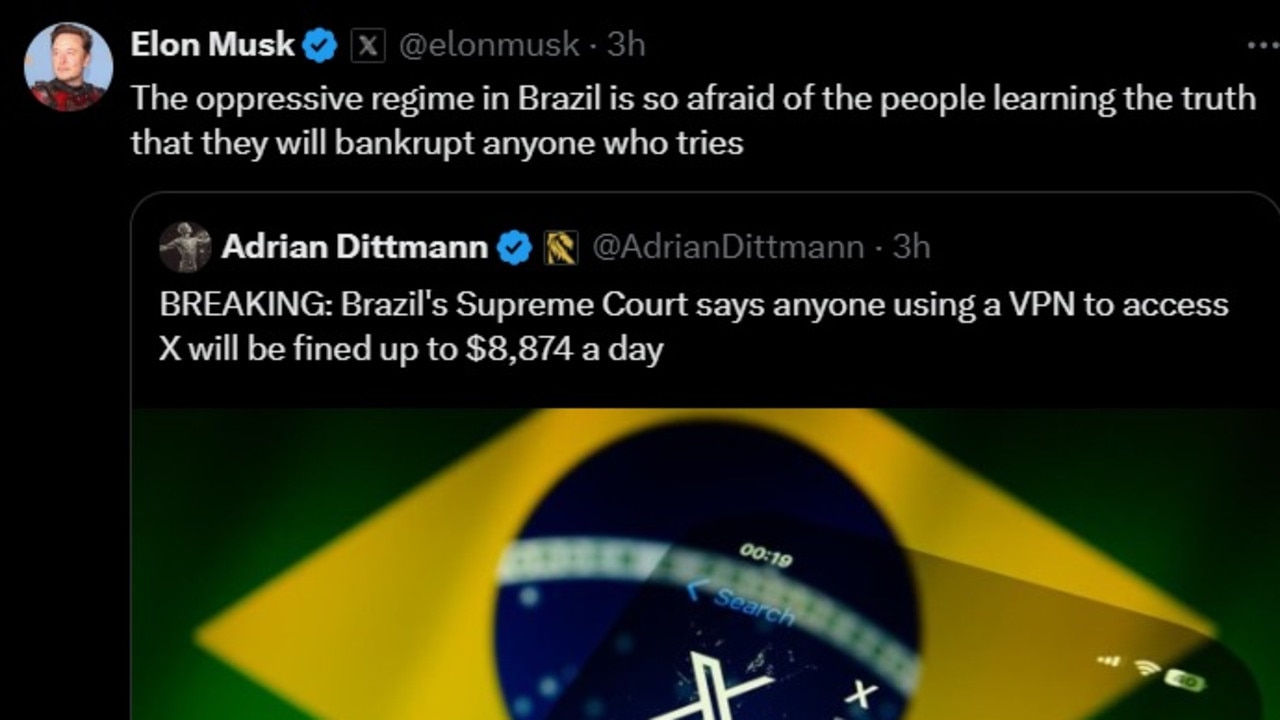 Elon Musk has taken to X to share his anger at the Brazil ban. Picture: X