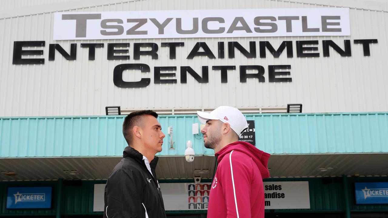 Tim Tszyu and Michael Zerafa out the front of the Newcastle Entertainment Centre before their aborted bout. (Photo by Peter Lorimer/Getty Images)
