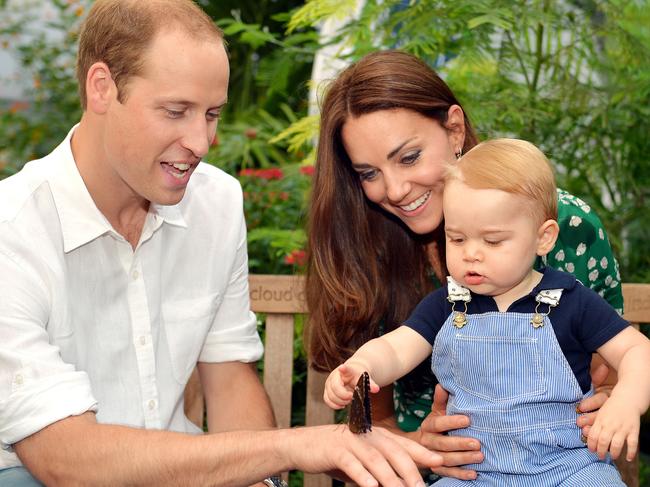 LONDON, ENGLAND - JULY 02: (EDITORIAL USE ONLY) Catherine, Duchess of Cambridge holds Prince George as he points to a butterfly on Prince William, Duke of Cambridge's hand as they visit the Sensational Butterflies exhibition at the Natural History Museum on July 2, 2014 in London, England. The family released the photo ahead of the first birthday of Prince George on July 22. (Photo by John Stillwell - WPA Pool/Getty Images)